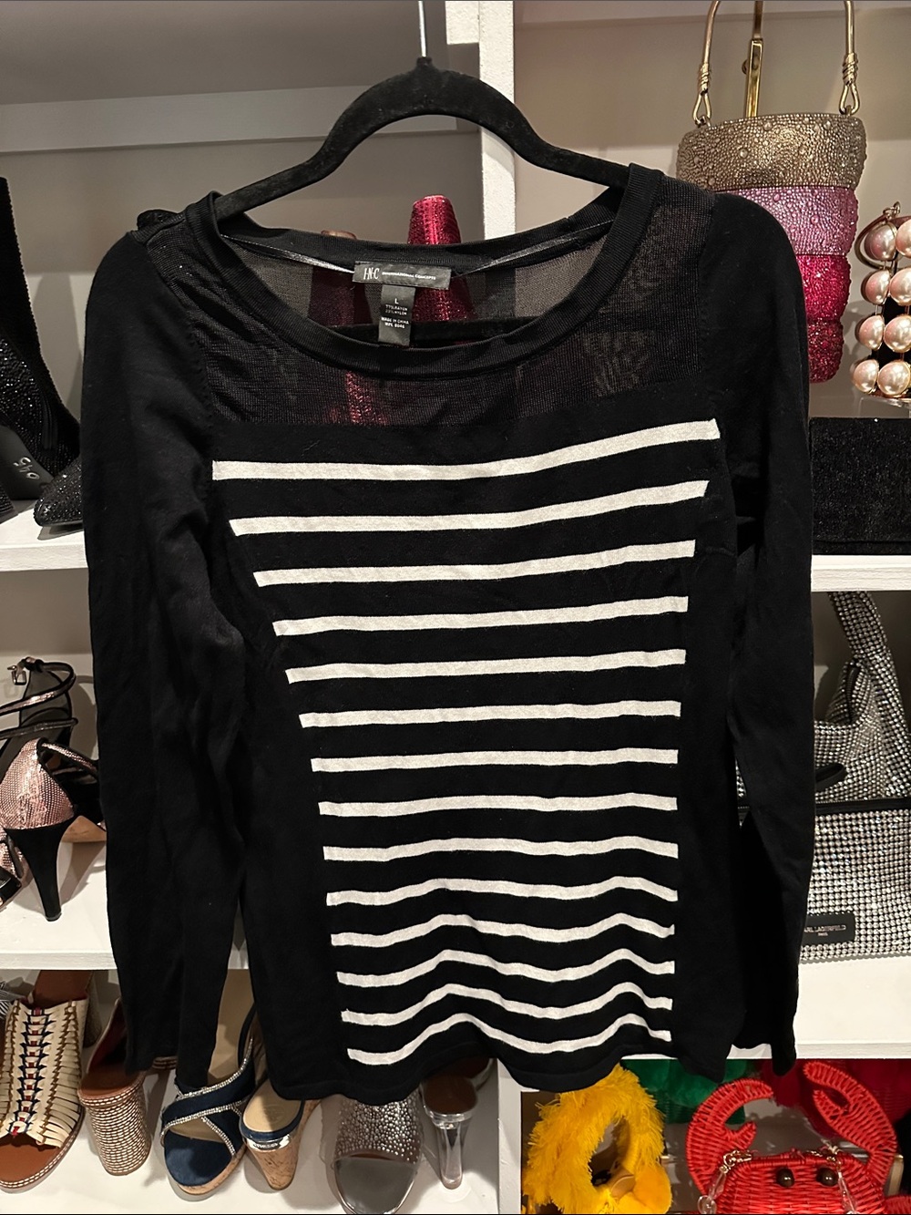 INC International Black Long-Sleeve Top White Stripes sheer top sweater bottom